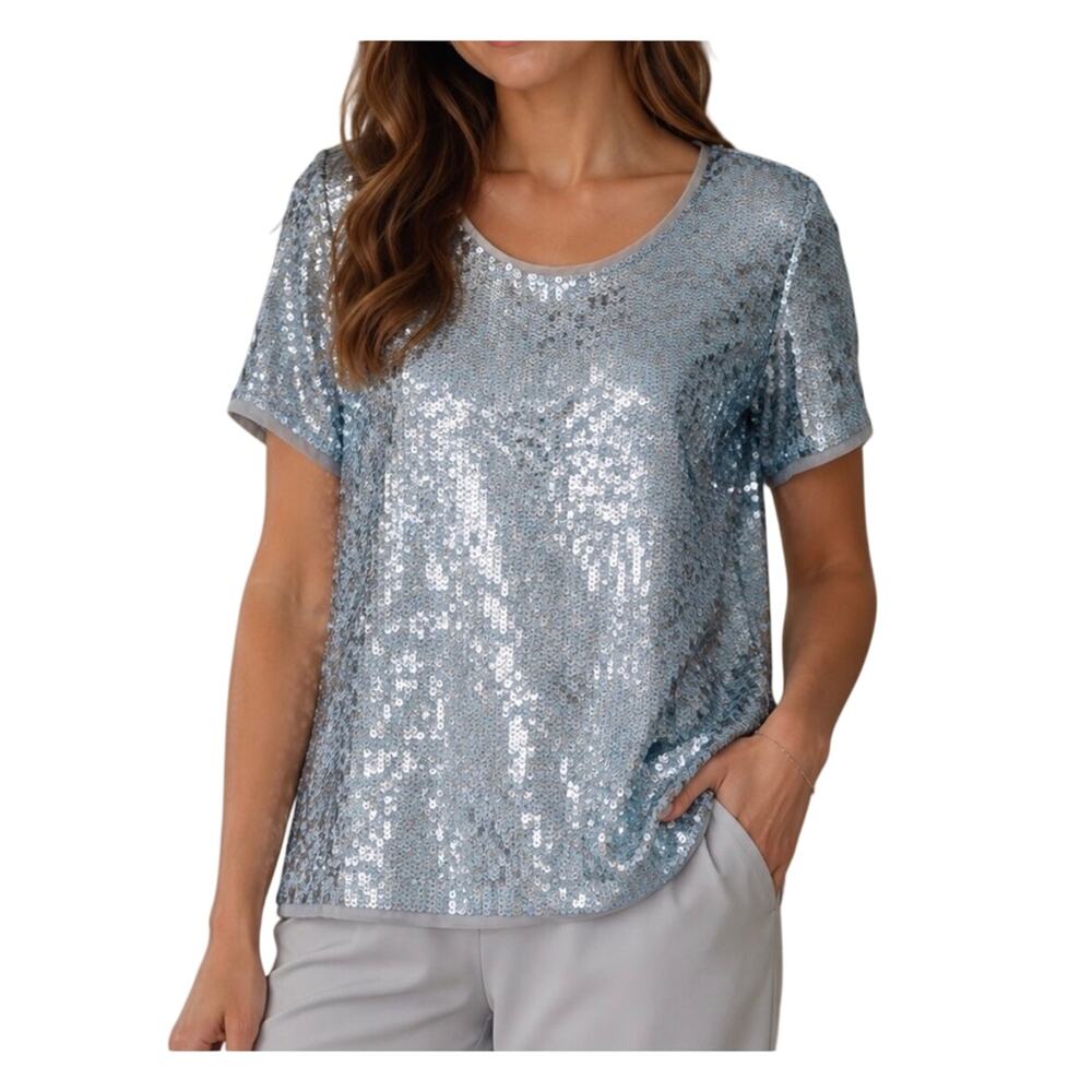 Pleione Women's NEW Blue and Silver Sequins Short Sleeve Top, Blouse, Size S